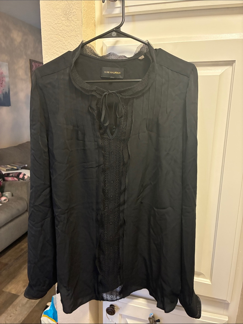 Kobi Halperin black 100% silk long sleeve blouse with lace inserts